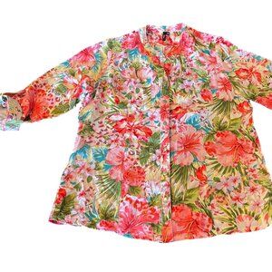 Cathy Petite PM Floral Button-Up Shirt  3/4 Sleeve tropical print